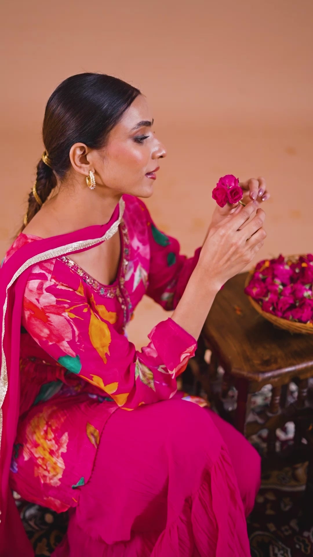 Magenta Pink Floral Print Peplum Top &amp; Sharara Set