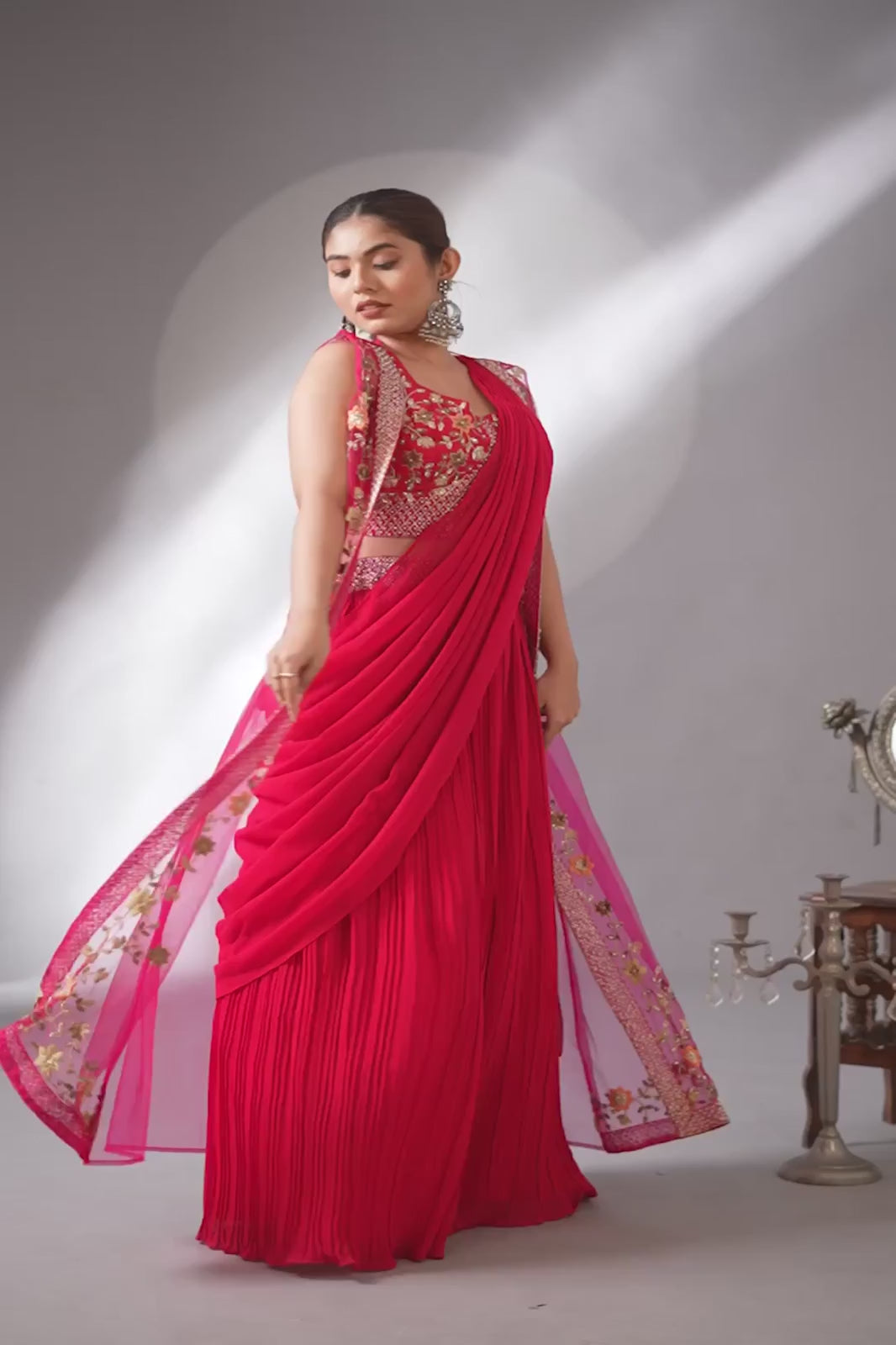 Hot Pink Georgette Draped Jacket Saree Set