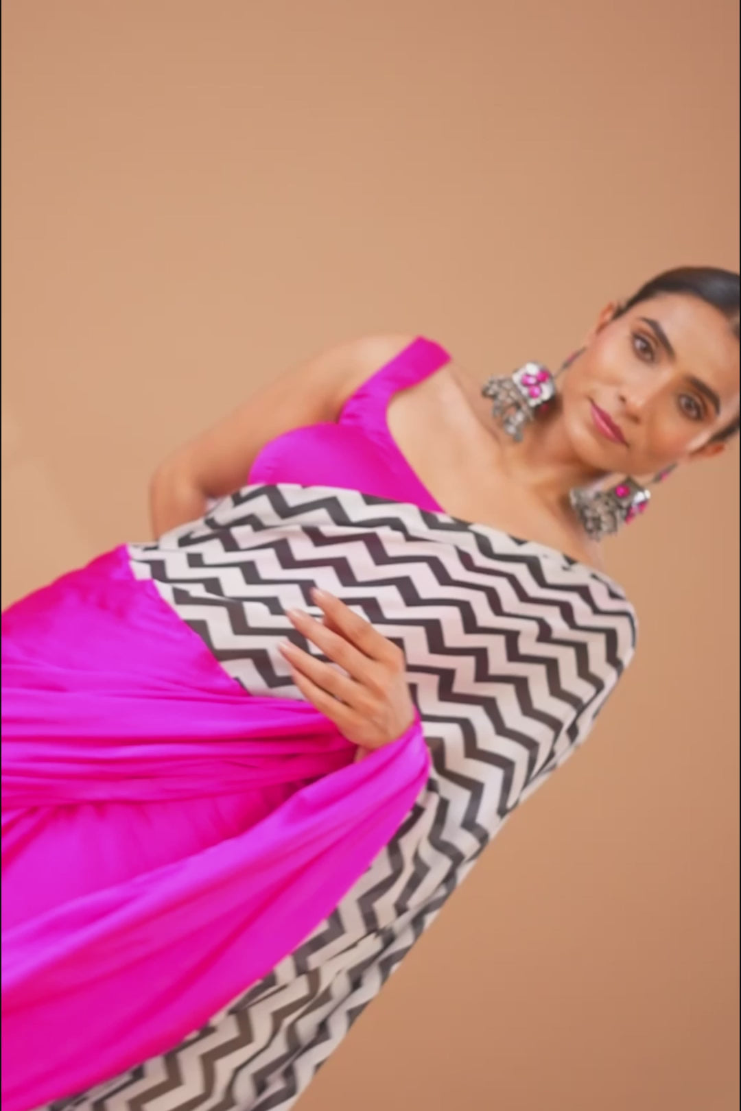 Fuchsia Satin Saree with Chevron Print &amp; Fabric Blouse