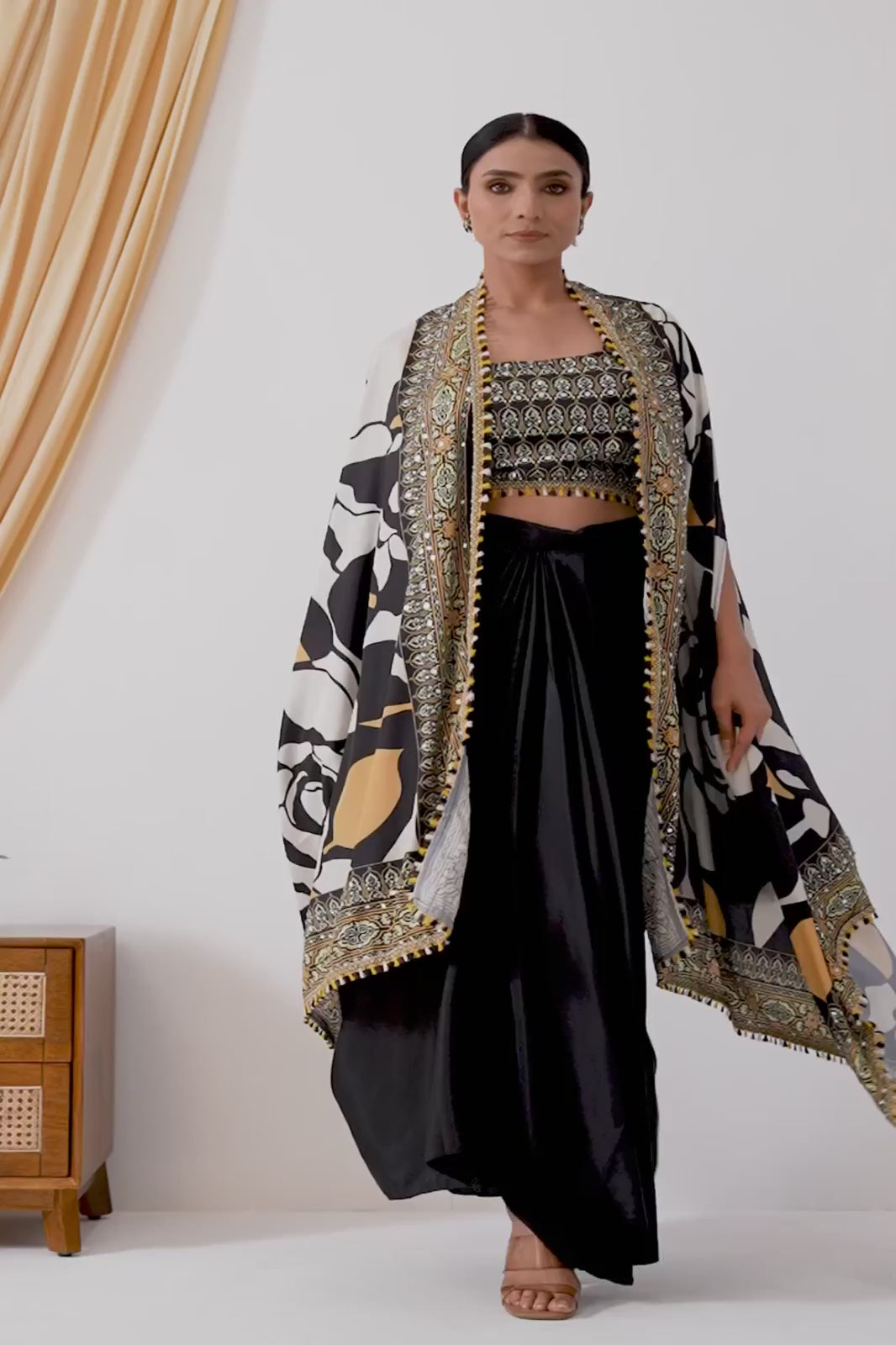 Black Drape Dhoti with Printed Cape Jacket