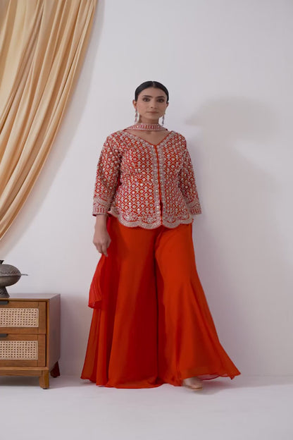 Orange Sharara with Full Embroidered Top &amp; Choker Dupatta