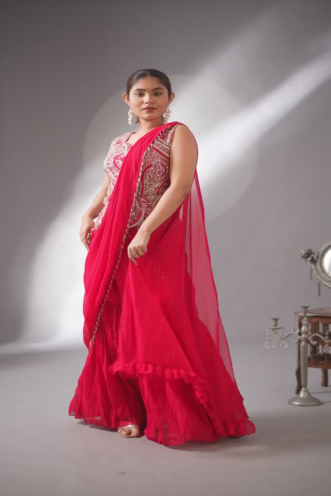 Party Wear Pleated Pink Saree