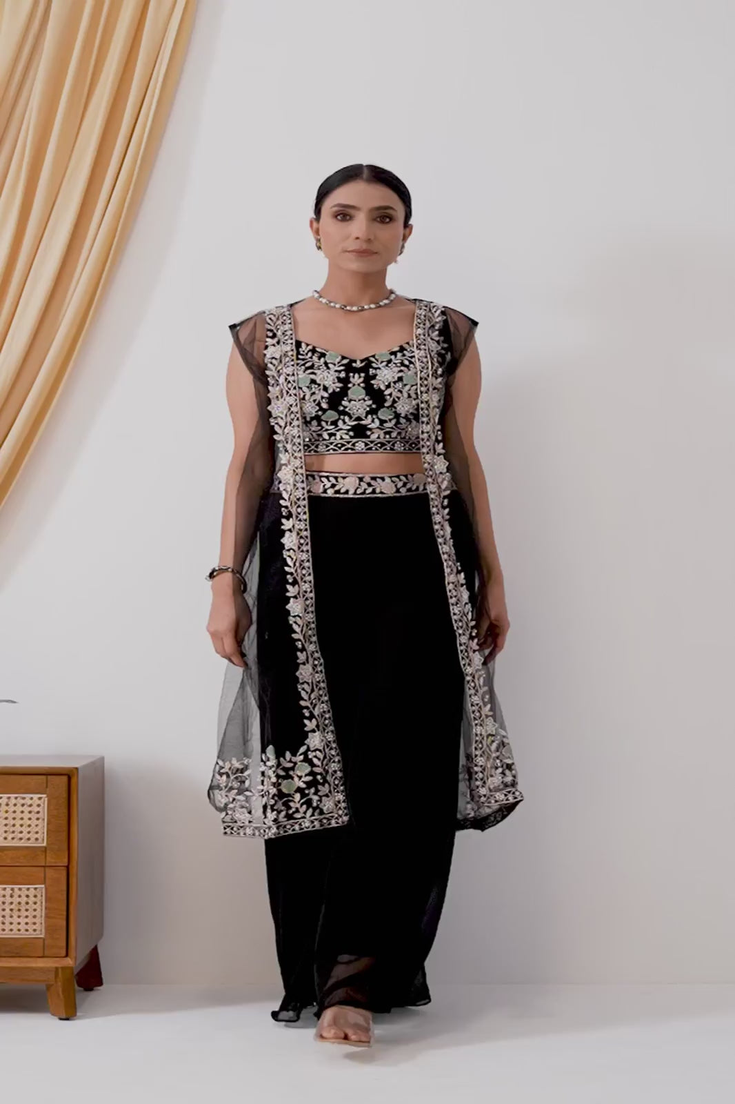 Black Embroidered Crop Top &amp; Sharara Set