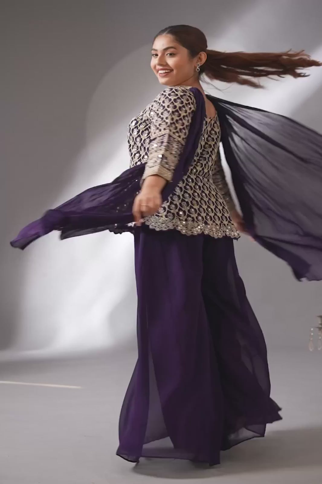 Purple Sharara with Full Embroidered Top &amp; Choker Dupatta