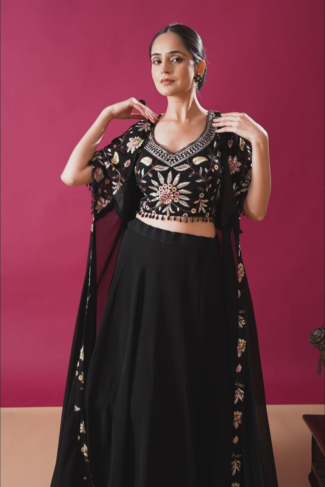 Embroidered Black Lehenga set in Cape Style