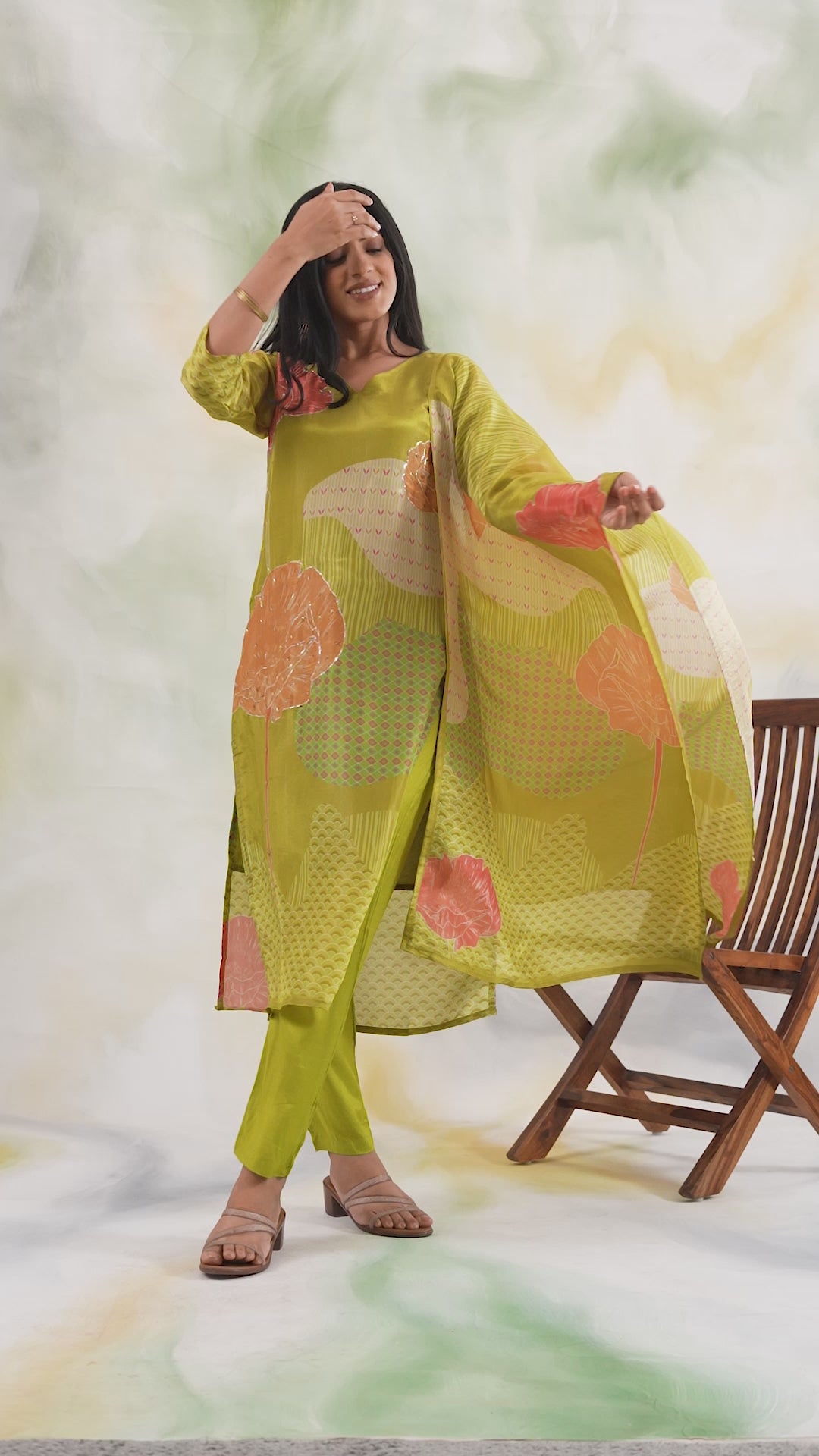 Green Floral Kurta With Trousers and Dupatta
