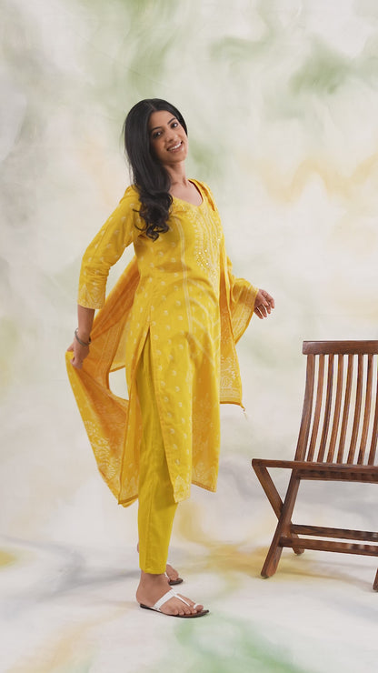 Yellow Printed Straight Suit Set with Dupatta