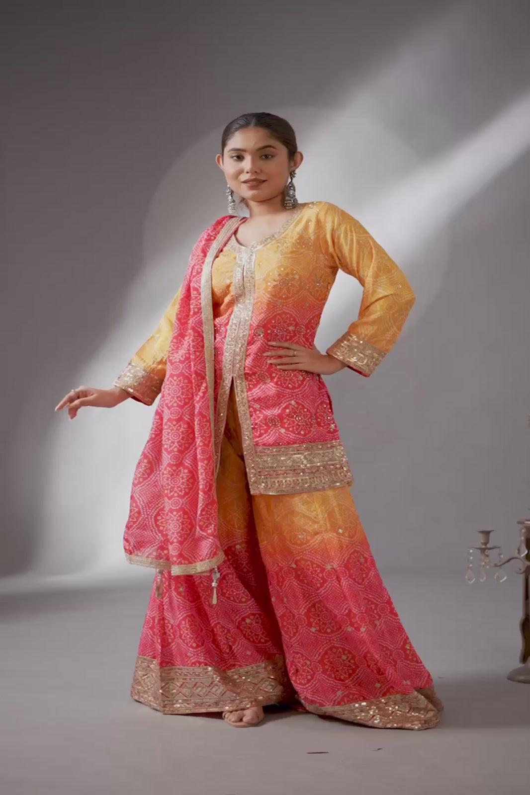 Stunning Haldi Yellow Pink Bandhini Print Sharara Set