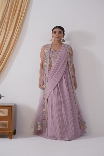 Mauve Georgette Draped Jacket Saree Set